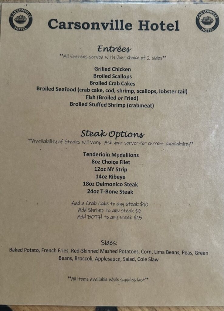 Carsonville Hotel Menu 1