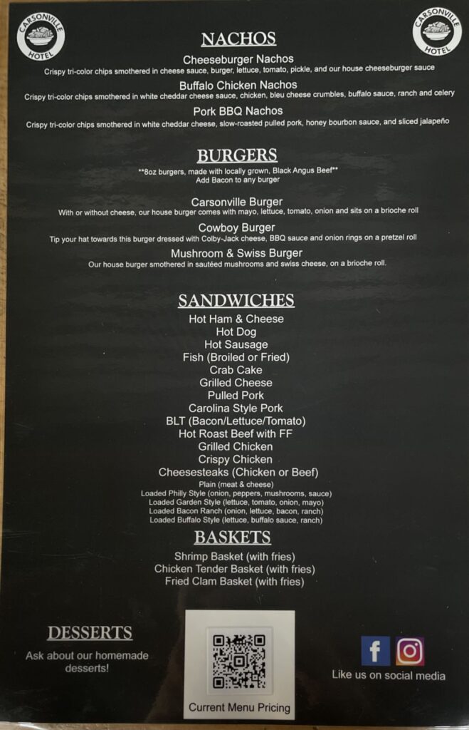 Carsonville Hotel Menu 2