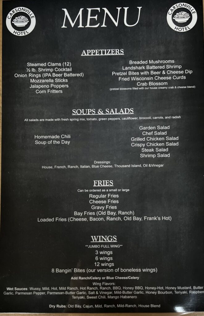Carsonville Hotel Menu 3